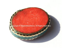 2 BEADS Tibetan Beads with Brass, Coral & Turquoise Inlays - Ethnic Tibetan Handmade Beads - TibetanBeadStore - B2065-2