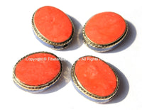 4 BEADS Tibetan Beads with Brass, Red Copal Coral & Lapis Inlays - TibetanBeadStore Handmade Ethnic Tibetan Beads - B2062-4