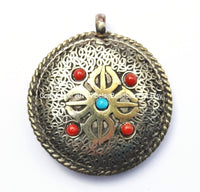 Tibetan Double Vajra & Kalachakra Reversible Filigree Brass Pendant with Glass Bead Inlays - Nepal Tibet Buddhist Yoga Jewelry - WM3765