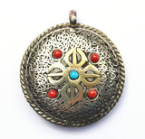 Tibetan Double Vajra & Kalachakra Reversible Filigree Brass Pendant with Glass Bead Inlays - Nepal Tibet Buddhist Yoga Jewelry - WM3765