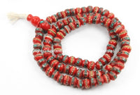 108 beads Tibetan Prayer Beads 6-7mm Red Bone Mala Prayer Beads with Brass, Copper, Turquoise & Coral Inlays, Tibetan Beads - PB13XS - TibetanBeadStore