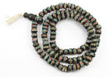 108 beads Tibetan Prayer Beads- 6mm-7mm Dark Bone Mala Prayer Beads with Metal Wire, Turquoise, Coral Inlays- Bone Tibetan Beads- PB10XS - TibetanBeadStore