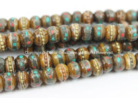 10 Beads  6mm-7mm Size Tibetan Antiqued Bone Beads with Brass, Turquoise & Coral Inlays- Tibetan Beads- Inlaid Bone Beads - LPB21XS-10