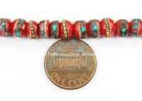 108 beads Tibetan Prayer Beads 6-7mm Red Bone Mala Prayer Beads with Brass, Copper, Turquoise & Coral Inlays, Tibetan Beads - PB13XS - TibetanBeadStore