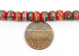 10 beads Tibetan Beads 6mm-7mm Red Bone Beads with Brass, Copper, Turquoise & Coral Inlays- Tibetan Beads, Bone Beads - LPB13XS-10