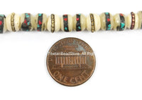 10 Beads 6mm-7mm Size Tibetan White Bone Beads with Brass, Copper, Turquoise, Coral Inlays- Tibetan Beads Inlaid White Bone Beads LPB12XS-10
