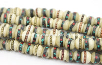 10 Beads 6mm-7mm Size Tibetan White Bone Beads with Brass, Copper, Turquoise, Coral Inlays- Tibetan Beads Inlaid White Bone Beads LPB12XS-10