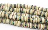10 Beads 6mm-7mm Size Tibetan White Bone Beads with Brass, Copper, Turquoise, Coral Inlays- Tibetan Beads Inlaid White Bone Beads LPB12XS-10