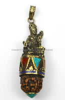 Tibetan Tara Pendant with Rudraksha, Turquoise, Lapis & Coral Inlays - Ethnic Artisan Handmade Tibetan Jewelry - WM5696