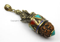 Tibetan Tara Pendant with Rudraksha, Turquoise, Lapis & Coral Inlays - Ethnic Artisan Handmade Tibetan Jewelry - WM5696