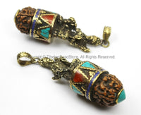 Tibetan Tara Pendant with Rudraksha, Turquoise, Lapis & Coral Inlays - Ethnic Artisan Handmade Tibetan Jewelry - WM5696