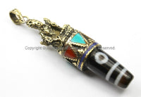 Tibetan Tara Pendant with Dzi Agate, Turquoise, Lapis & Coral Inlays - TibetanBeadStore Tibetan Beads, Pendants, Tibetan Jewelry - WM5698