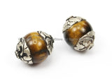 2 BEADS Carved 92.5 Sterling Silver Caps & Tigers Eye Tibetan Beads- TibetanBeadStore Silver Cap Tibetan Beads Nepalese Beads- B2894-2