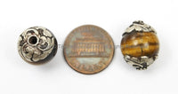 2 BEADS Carved 92.5 Sterling Silver Caps & Tigers Eye Tibetan Beads- TibetanBeadStore Silver Cap Tibetan Beads Nepalese Beads- B2894-2