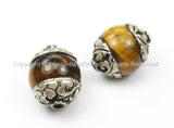4 BEADS Carved 92.5 Sterling Silver Caps & Tigers Eye Tibetan Beads- TibetanBeadStore Silver Cap Tibetan Beads Nepalese Beads- B2804-4