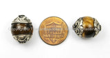4 BEADS Carved 92.5 Sterling Silver Caps & Tigers Eye Tibetan Beads- TibetanBeadStore Silver Cap Tibetan Beads Nepalese Beads- B2804-4