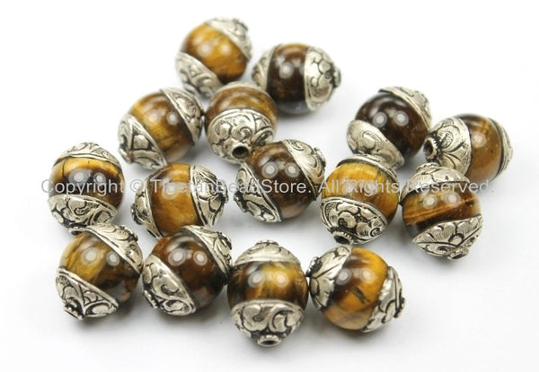 4 BEADS Carved 92.5 Sterling Silver Caps & Tigers Eye Tibetan Beads- TibetanBeadStore Silver Cap Tibetan Beads Nepalese Beads- B2804-4