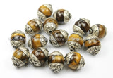 2 BEADS Carved 92.5 Sterling Silver Caps & Tigers Eye Tibetan Beads- TibetanBeadStore Silver Cap Tibetan Beads Nepalese Beads- B2804-2