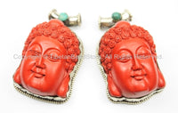 OOAK Tibetan Red Buddha Head Pendant with Repousse Lotus Flower Details, Turquoise Bead Accent- Buddha- Tibetan Buddha Head Pendant - WM5729