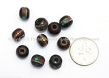 20 BEADS Black Bone Inlaid Tibetan Beads with Turquoise & Coral Inlays - 7-8mm - LPB10S-20