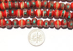 20 BEADS - 9mm-10mm Red Bone Inlaid Tibetan Beads with Turquoise & Coral Inlays - Red Bone Inlaid Beads - Tibetan Bone Beads - LPB13-20