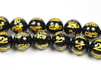2 BEADS Tibetan "OM Mani" Mantra Etched Black Color Quartz Beads- TibetanBeadStore Handmade Tibetan Beads, Pendants, Jewelry- B2905-2