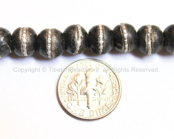 20 BEADS Black Bone Tibetan Beads with Tibetan Silver Metal Ring Inlays- Tibetan Mala Bracelet Making Supplies- TibetanBeadStore- LPB88TS-20