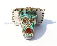 LARGE Ethnic Tribal Tibetan Statement Ring with Turquoise, Coral Inlays (SIZE 10) Handmade Ring Tibetan Jewelry by TibetanBeadStore R8B-10