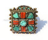 LARGE Ethnic Tribal Tibetan Ring with Turquoise, Coral Inlays (SIZE 9.5)- Tibetan Ring Handmade Tibetan Jewelry by TibetanBeadStore R8-9.5