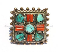LARGE Ethnic Tribal Tibetan Statement Ring with Turquoise, Coral Inlays (SIZE 10) Handmade Ring Tibetan Jewelry by TibetanBeadStore R8B-10