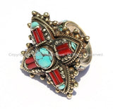 OOAK LARGE Ethnic Tribal Tibetan Ring with Turquoise, Coral Inlays (SIZE 10.5) Handmade Ring Tibetan Jewelry by TibetanBeadStore- R13-10.5