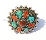 OOAK LARGE Ethnic Tribal Tibetan Ring with Turquoise, Coral Inlays (SIZE 10.5) Handmade Ring Tibetan Jewelry by TibetanBeadStore- R11-10.5