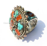 OOAK LARGE Ethnic Tribal Tibetan Ring with Turquoise, Coral Inlays (SIZE 10.5) Handmade Ring Tibetan Jewelry by TibetanBeadStore- R11-10.5