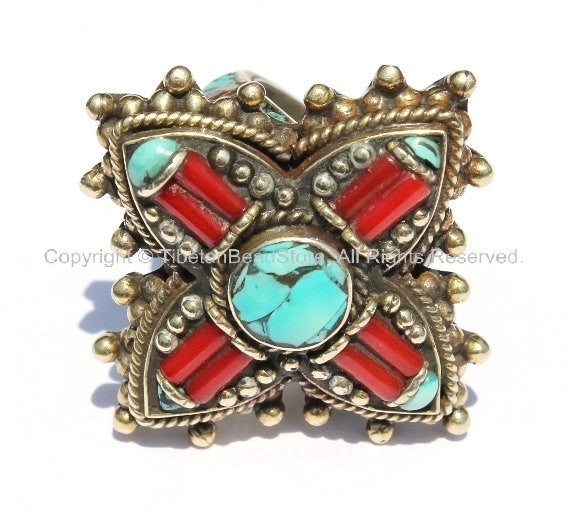 OOAK LARGE Ethnic Tribal Tibetan Ring with Turquoise, Coral Inlays (SIZE 10.5) Handmade Ring Tibetan Jewelry by TibetanBeadStore- R13-10.5