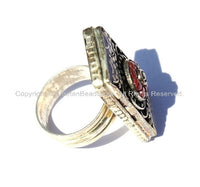 OOAK Ethnic Tribal Tibetan Ring with Lapis & Coral Inlays (SIZE 8.5)- Tibetan Ring Handmade Tibetan Jewelry by TibetanBeadStore- R89-8.5