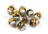 10 BEADS Tibetan Tigers Eye Beads with Tibetan Silver Metal Caps - TibetanBeadStore Ethnic Tribal Nepalese Tibetan Beads - B2907-10