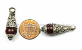 Ethnic Tribal Tibetan Burgundy Resin Charm Drop Pendant with Metal Caps & Blue Bead Accent- Nepalese Tibetan Pendants Jewelry- WM5745-1