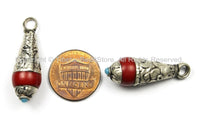 Ethnic Tribal Tibetan Red Coral Resin Charm Drop Pendant with Metal Caps- TibetanBeadStore Nepalese Tibetan Pendants Jewelry- WM5748-1