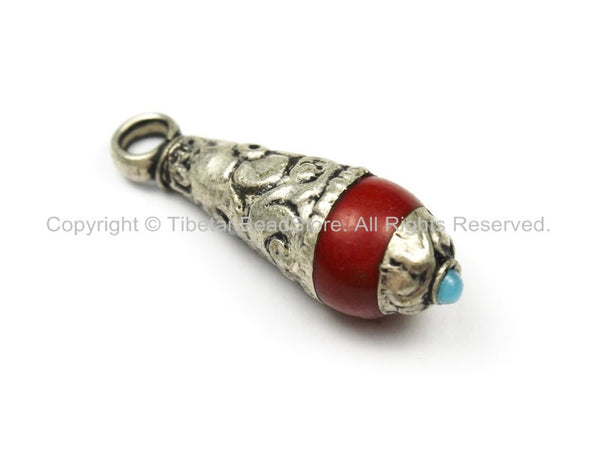 Ethnic Tribal Tibetan Red Coral Resin Charm Drop Pendant with Metal Caps- TibetanBeadStore Nepalese Tibetan Pendants Jewelry- WM5748-1