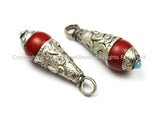 2 PENDANTS Ethnic Tribal Tibetan Red Coral Resin Charm Drop Pendants with Metal Caps- Tibet Nepalese Tibetan Pendants Jewelry- WM5748-2