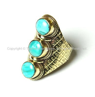 Ethnic Tribal Tibetan 3 Stone Turquoise Brass Ring (SIZE 9) Nepal Tibetan Real Turquoise 3 Stone Ring TibetanBeadStore Jewelry- R90-9