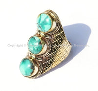 Ethnic Tribal Tibetan 3 Stone Turquoise Brass Ring (SIZE 9) Nepal Tibetan Real Turquoise 3 Stone Ring TibetanBeadStore Jewelry- R90-9