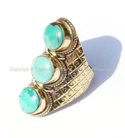 Ethnic Tribal Tibetan 3 Stone Turquoise Brass Ring (SIZE 9) Nepal Tibetan Real Turquoise 3 Stone Ring TibetanBeadStore Jewelry- R90-9