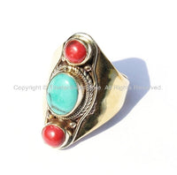 Ethnic Tribal Tibetan 3 Stone Turquoise, Coral Brass Ring (SIZE 8) Boho Nepal Ring TibetanRing Turquoise Coral Ring Tibetan Jewelry-R19C-8