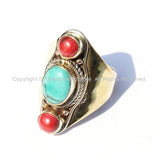 Ethnic Tribal Tibetan 3 Stone Turquoise, Coral Brass Ring (SIZE 8) Boho Nepal Ring TibetanRing Turquoise Coral Ring Tibetan Jewelry-R19C-8