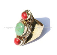 Ethnic Tribal Tibetan 3 Stone Turquoise, Coral Brass Ring (SIZE 8) Boho Nepal Ring TibetanRing Turquoise Coral Ring Tibetan Jewelry-R19C-8