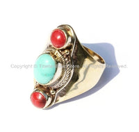 Ethnic Tribal Tibetan 3 Stone Turquoise, Coral Brass Ring (SIZE 8) Boho Nepal Ring TibetanRing Turquoise Coral Ring Tibetan Jewelry-R19C-8