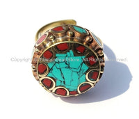 Adjustable Ring Turquoise, Coral, Brass Tibetan Ring Boho Ring Tibet Yoga Ethnic Ring Handmade Ring Tibetan Jewelry TibetanBeadStore- R91