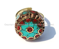 Adjustable Ring Turquoise, Coral, Brass Tibetan Ring Boho Ring Tibet Yoga Ethnic Ring Handmade Ring Tibetan Jewelry TibetanBeadStore- R102