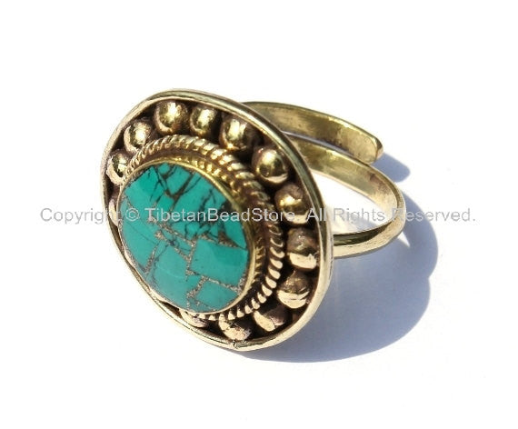 Adjustable Ring Turquoise, Brass Tibetan Ring Nepalese Ring Boho Tibet Yoga Ethnic Ring Handmade Ring Tibetan Jewelry TibetanBeadStore- R100